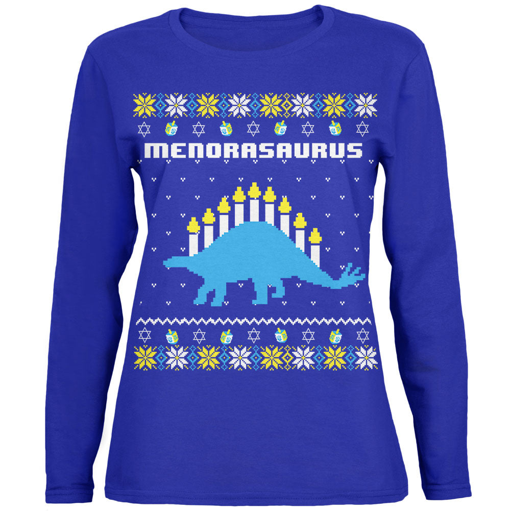Hanukkah Ugly Sweater Menorasaurus Menorah Stegasaurus Womens Long Sleeve T Shirt Women's Long Sleeves Old Glory 2XL Blue