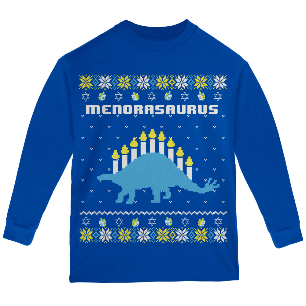 Hanukkah Ugly Sweater Menorasaurus Menorah Stegasaurus Youth Long Sleeve T Shirt Youth Long Sleeves Old Glory YLG Blue