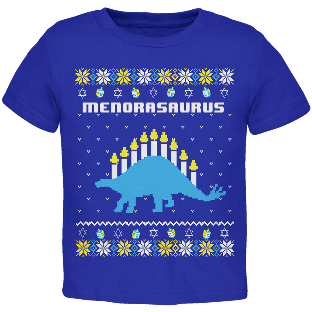 Hanukkah Ugly Sweater Menorasaurus Menorah Stegasaurus Toddler T Shirt Toddler T-Shirts Old Glory 2T Blue