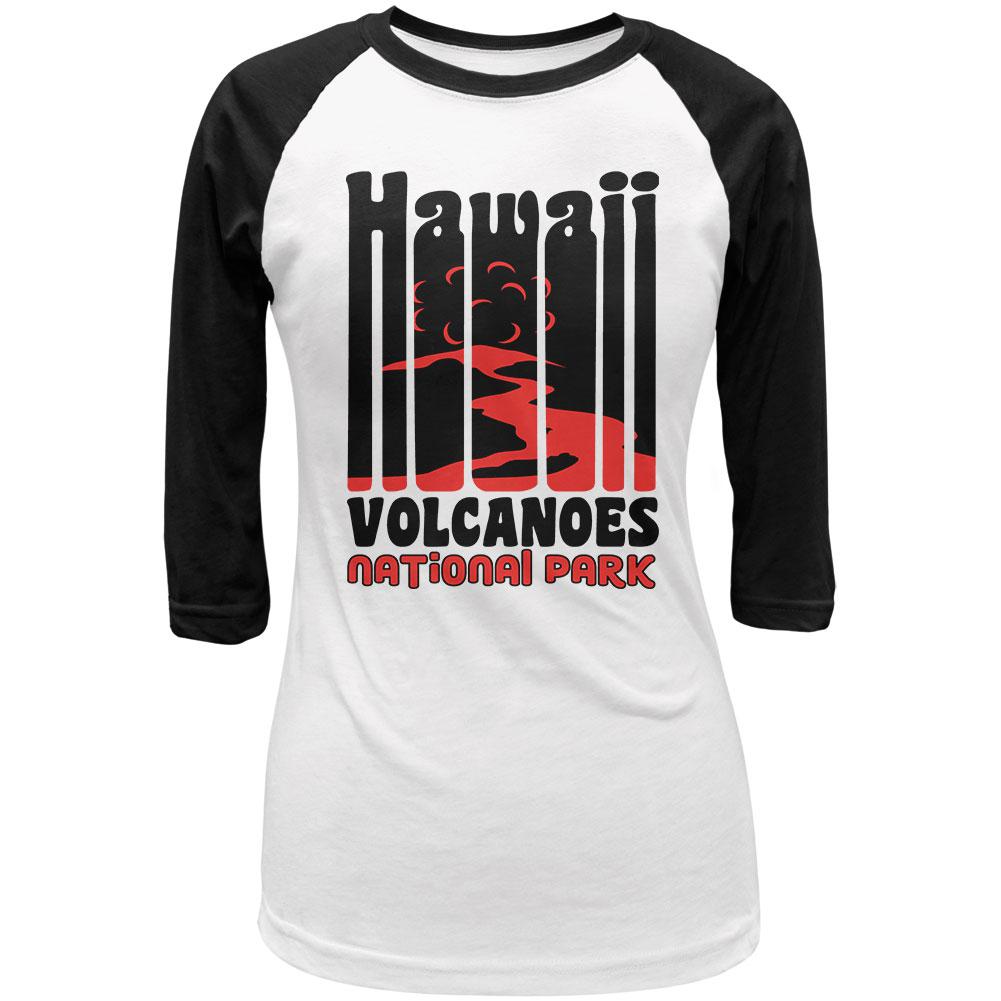 National Park Retro 70s Color Bars Hawaii Volcanoes Juniors 3/4 Sleeve Raglan T Shirt Juniors T-Shirts Old Glory LG White