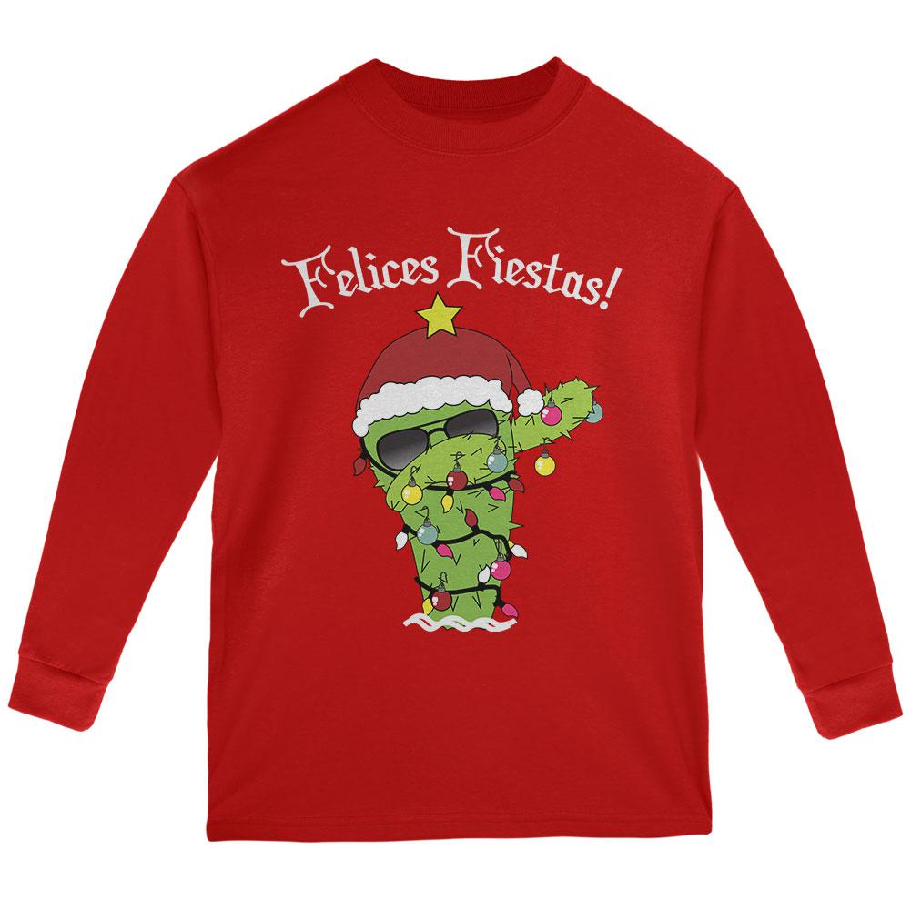 Christmas Dabbing Cactus Felices Fiestas Happy Holidays Youth Long Sleeve T Shirt Youth Long Sleeves Old Glory LG Red