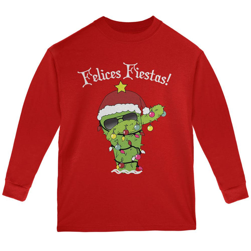 Christmas Dabbing Cactus Felices Fiestas Happy Holidays Youth Long Sleeve T Shirt Youth Long Sleeves Old Glory LG Red