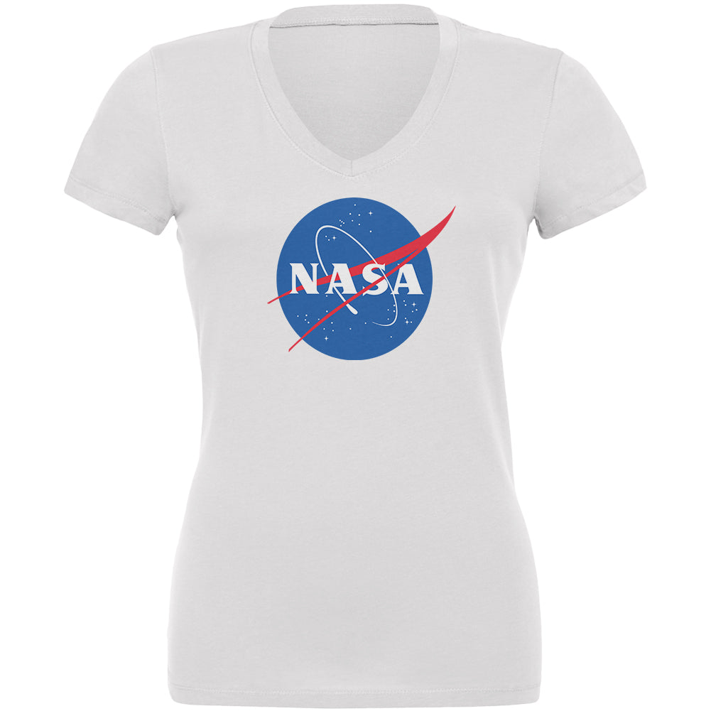 NASA Logo Juniors V-Neck T Shirt Juniors T-Shirts Old Glory 2XL White