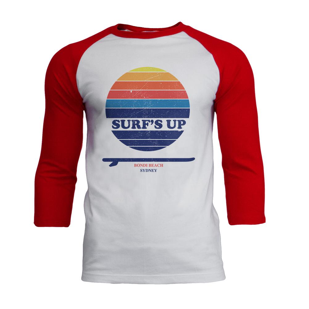 Surf's Up Bondi Beach Sydney Australia Mens Soft Raglan T Shirt Men's T-Shirts Old Glory SM White