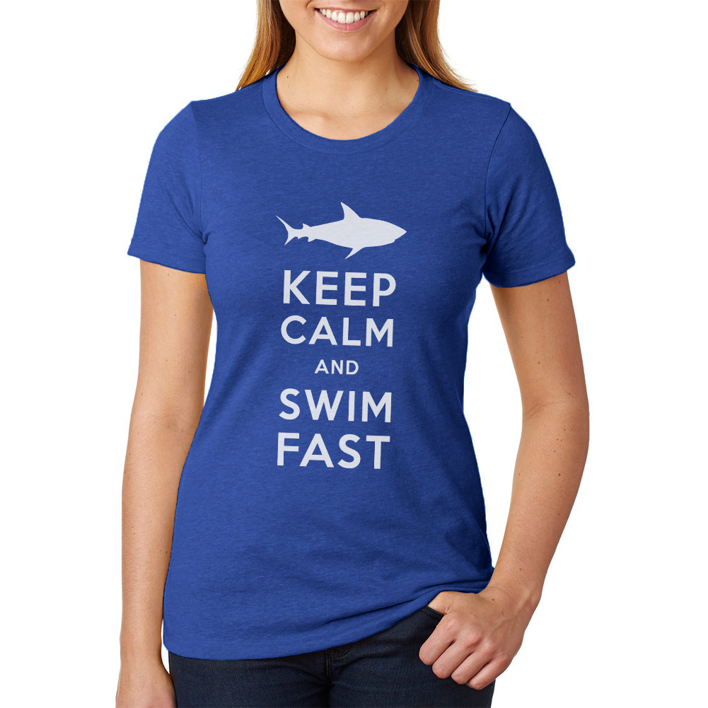 Shark Keep Calm and Swim Fast Womens Soft Heather T Shirt Women's T-Shirts Old Glory LG Blue