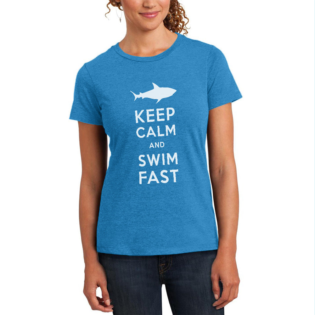 Shark Keep Calm and Swim Fast Womens Soft Heather T Shirt Women's T-Shirts Old Glory MD Heather Bright Turquiose