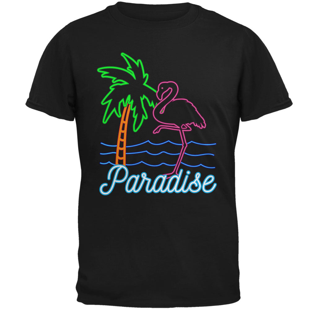 Retro 80s Neon Sign Flamingo Paradise Mens Soft T Shirt Men's T-Shirts Old Glory 2XL Black