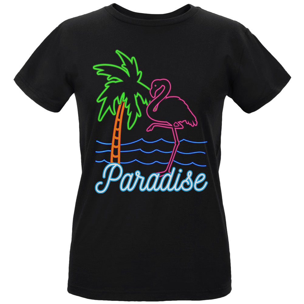 Retro 80s Neon Sign Flamingo Paradise Womens T Shirt Women's T-Shirts Old Glory 2XL Black