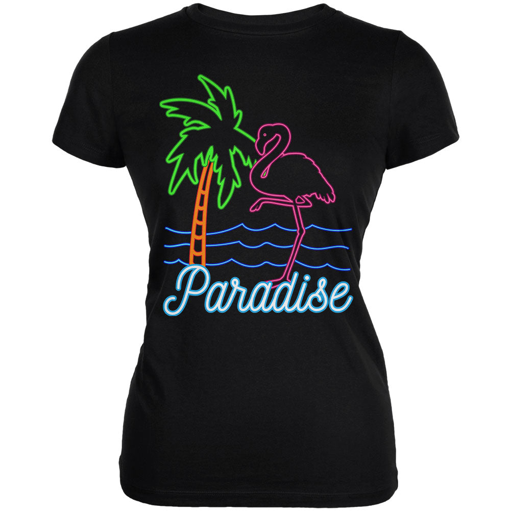Retro 80s Neon Sign Flamingo Paradise Juniors Soft T Shirt Juniors T-Shirts Old Glory 2XL Black