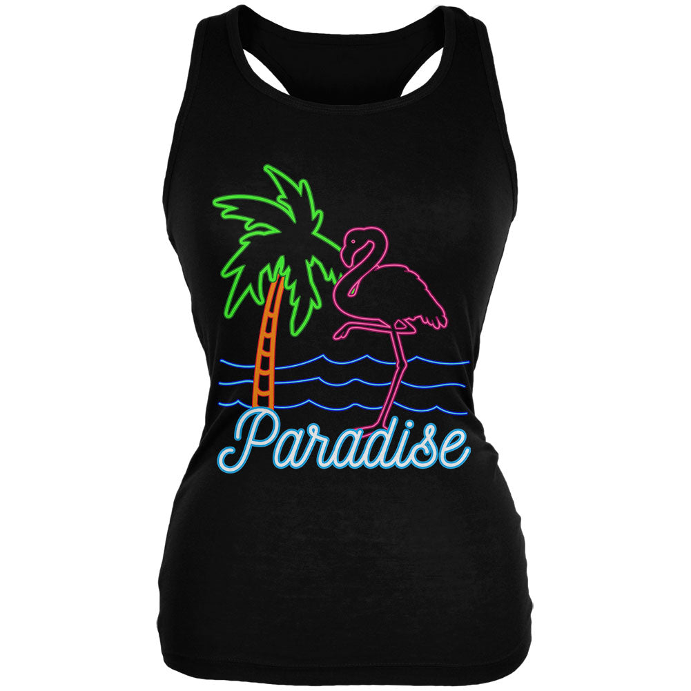 Retro 80s Neon Sign Flamingo Paradise Juniors Soft Tank Top Juniors Tank Tops Old Glory 2XL Black