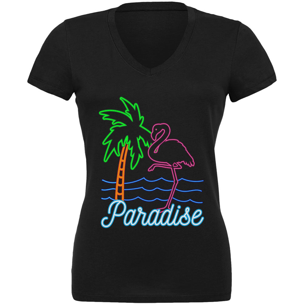 Retro 80s Neon Sign Flamingo Paradise Juniors V-Neck T Shirt Juniors T-Shirts Old Glory 2XL Black