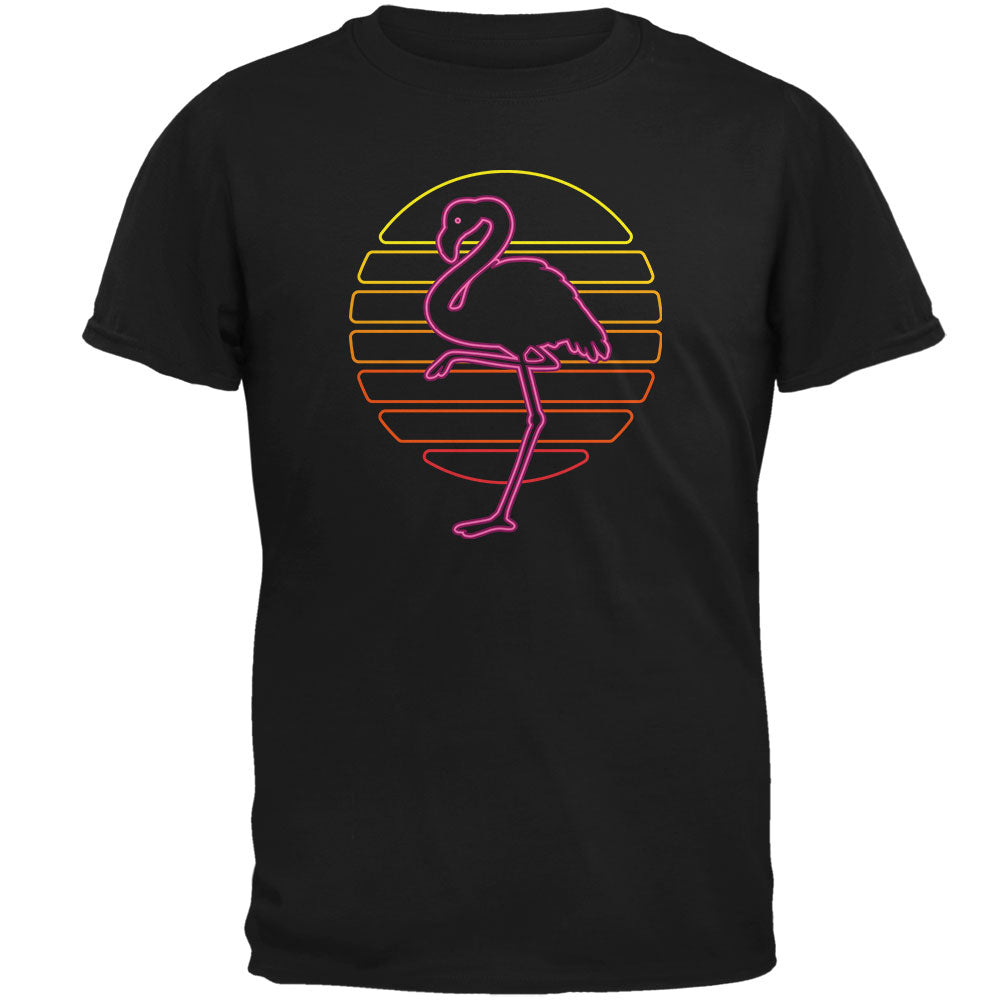 Retro 80s Neon Sign Flamingo Sunset Mens Soft T Shirt Men's T-Shirts Old Glory 2XL Black