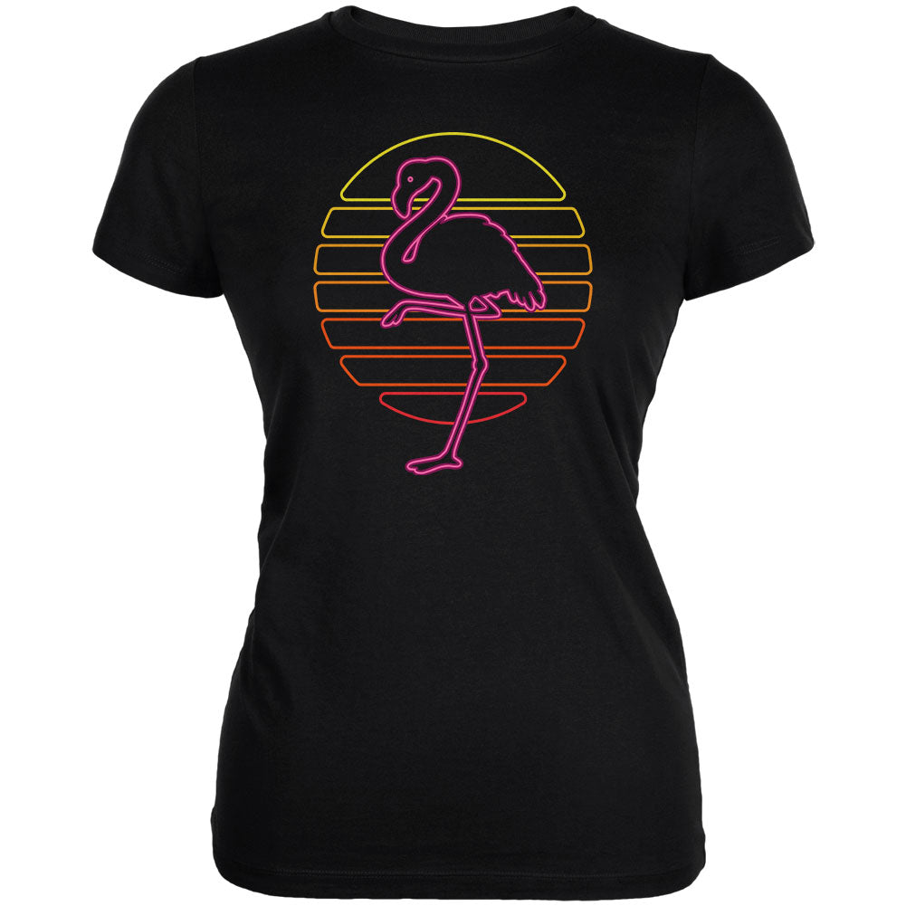 Retro 80s Neon Sign Flamingo Sunset Juniors Soft T Shirt Juniors T-Shirts Old Glory 2XL Black