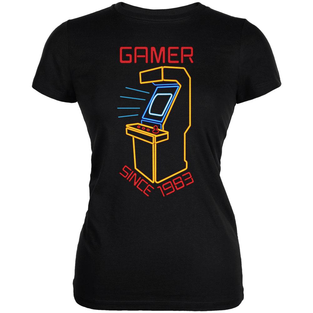 Retro Neon Sign Arcade Birthday 1983 Juniors Soft T Shirt Juniors T-Shirts Old Glory 2XL Black