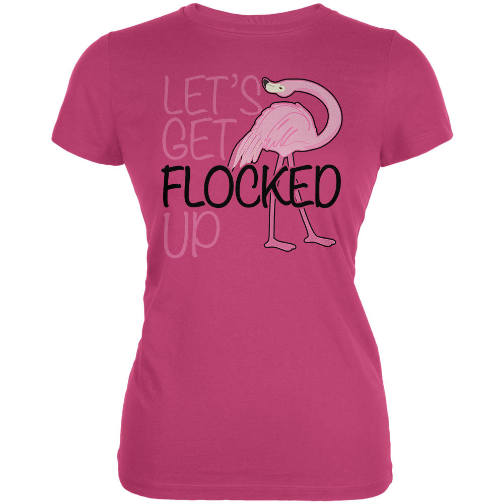Flamingo Let's get Flocked Up Funny Pun Juniors Soft T Shirt Juniors T-Shirts Old Glory LG Red