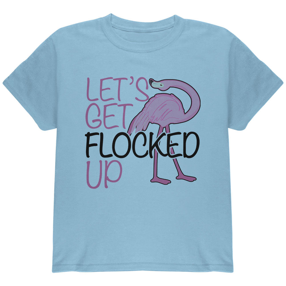 Flamingo Let's get Flocked Up Funny Pun Youth T Shirt Youth T-Shirts Old Glory YLG Blue