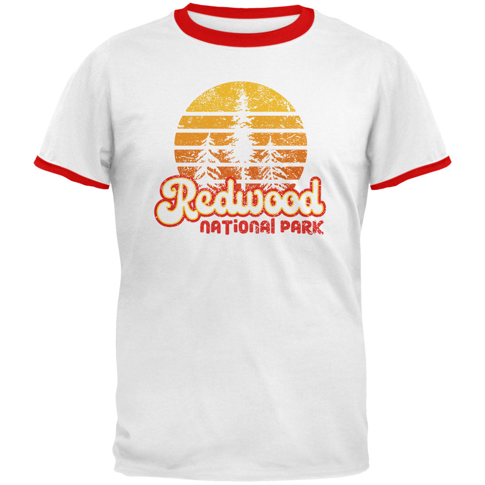 National Park Retro 70s Sunset Redwood Mens Ringer T Shirt Men's T-Shirts Old Glory LG White-Red
