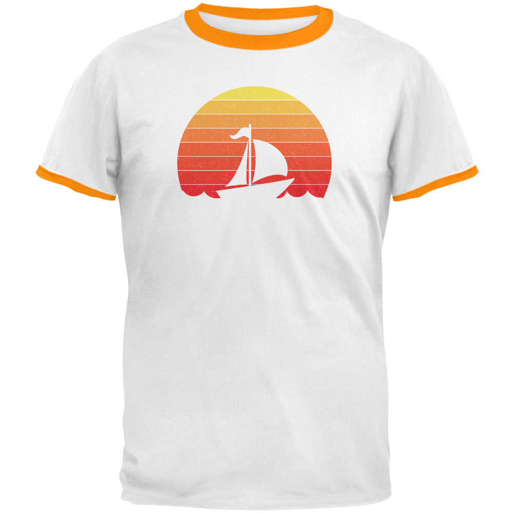 Marina Ocean Sail Boat Silhouette Retro Sunset Mens Ringer T Shirt Men's T-Shirts Old Glory LG White-Gold