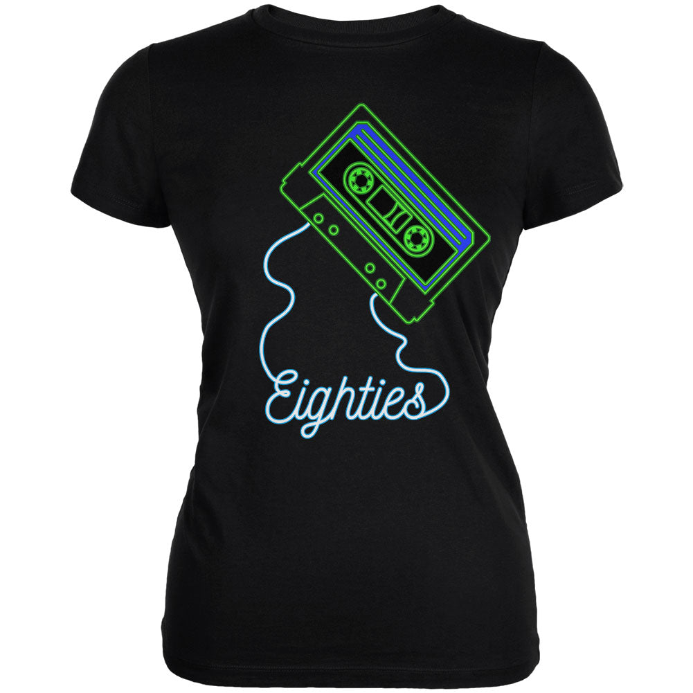 Retro 80s Neon Sign Cassette Tape Eighties Juniors Soft T Shirt Juniors T-Shirts Old Glory 2XL Black