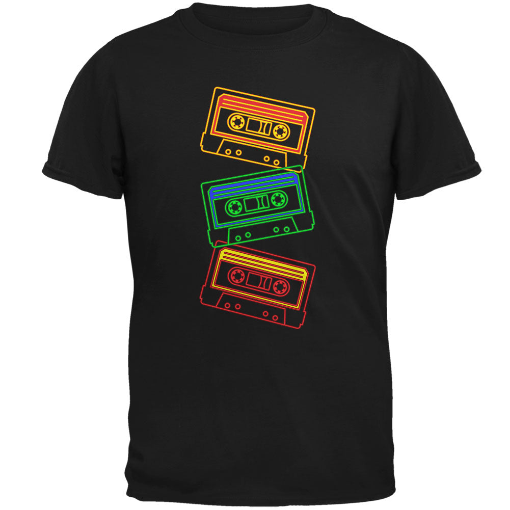 Retro 80s Neon Sign Cassette Tape Stacked Mens Soft T Shirt Men's T-Shirts Old Glory 2XL Black