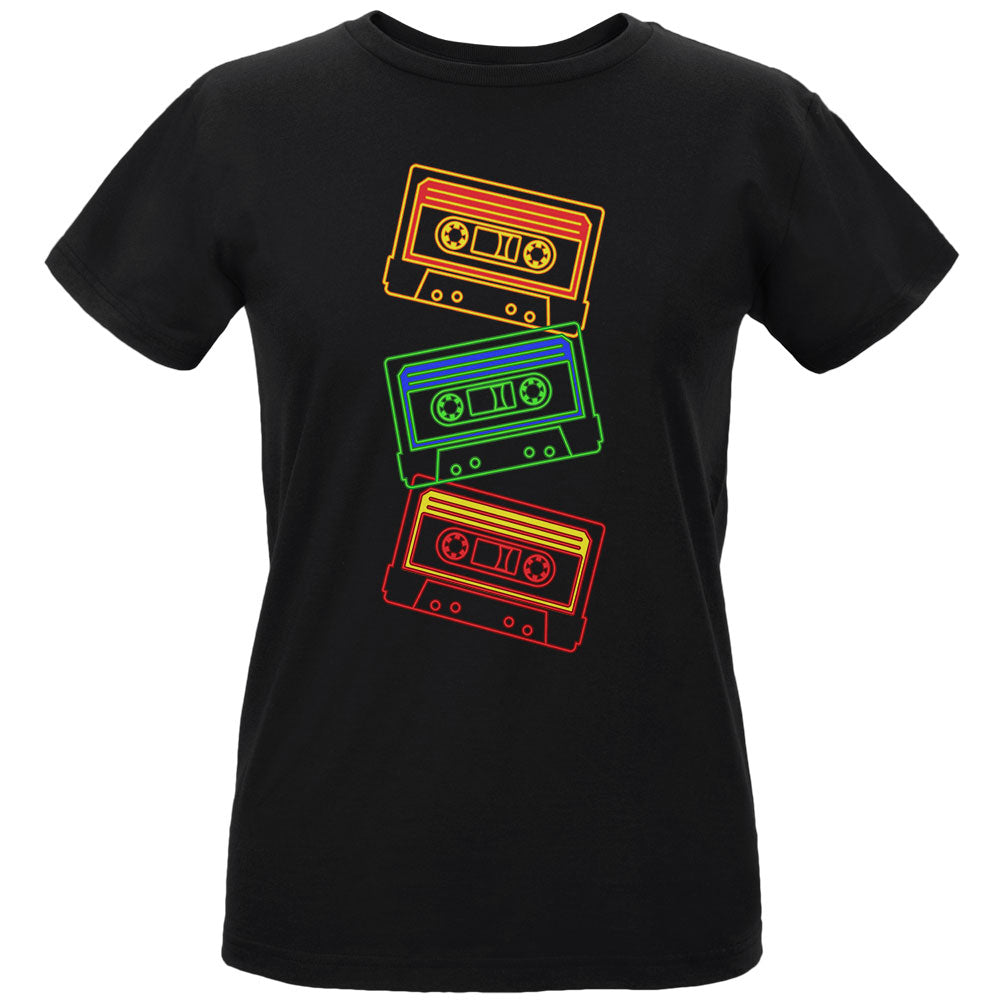 Retro 80s Neon Sign Cassette Tape Stacked Womens T Shirt Women's T-Shirts Old Glory 2XL Black