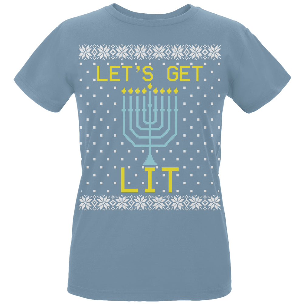 Menorah Get Lit Ugly Hanukkah Sweater Womens Organic T Shirt Women's T-Shirts Old Glory LG Blue