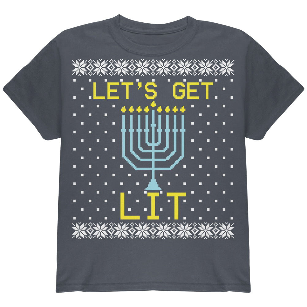 Menorah Get Lit Ugly Hanukkah Sweater Youth T Shirt Youth T-Shirts Old Glory YLG Charcoal