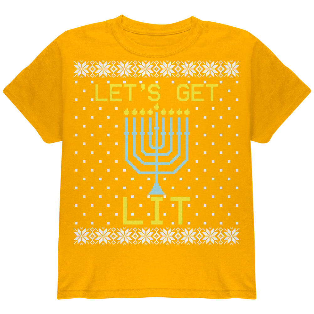 Menorah Get Lit Ugly Hanukkah Sweater Youth T Shirt Youth T-Shirts Old Glory YLG Gold