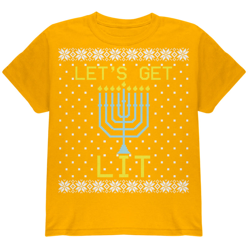 Menorah Get Lit Ugly Hanukkah Sweater Youth T Shirt Youth T-Shirts Old Glory YLG Gold
