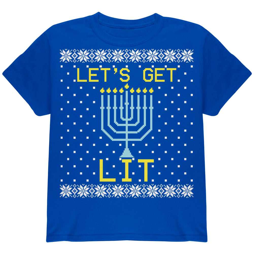 Menorah Get Lit Ugly Hanukkah Sweater Youth T Shirt Youth T-Shirts Old Glory YLG Royal