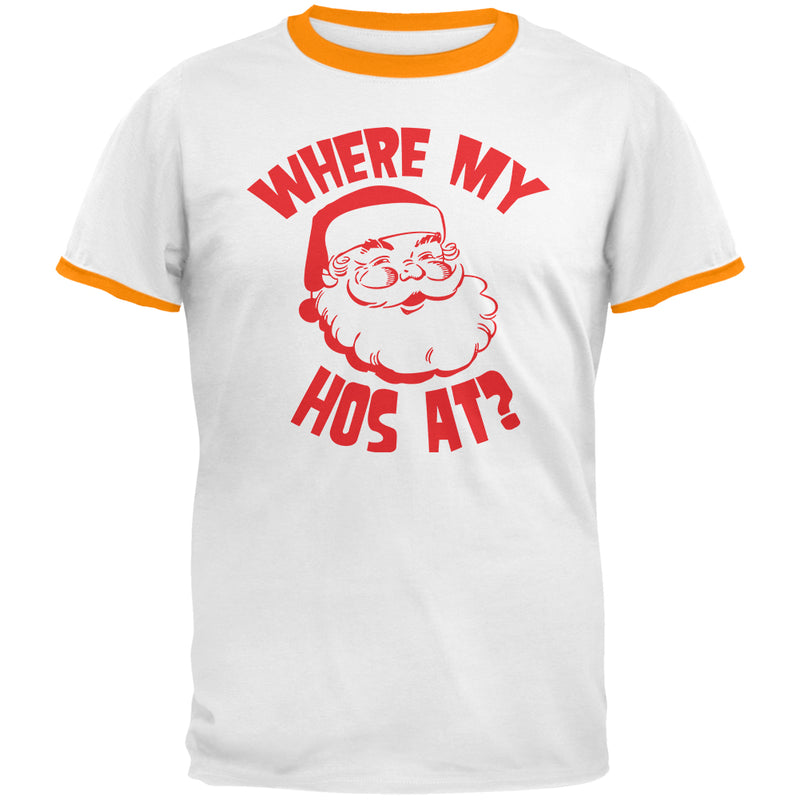 Christmas Where My Hos At? Mens Ringer T Shirt Men's T-Shirts Old Glory LG White-Gold
