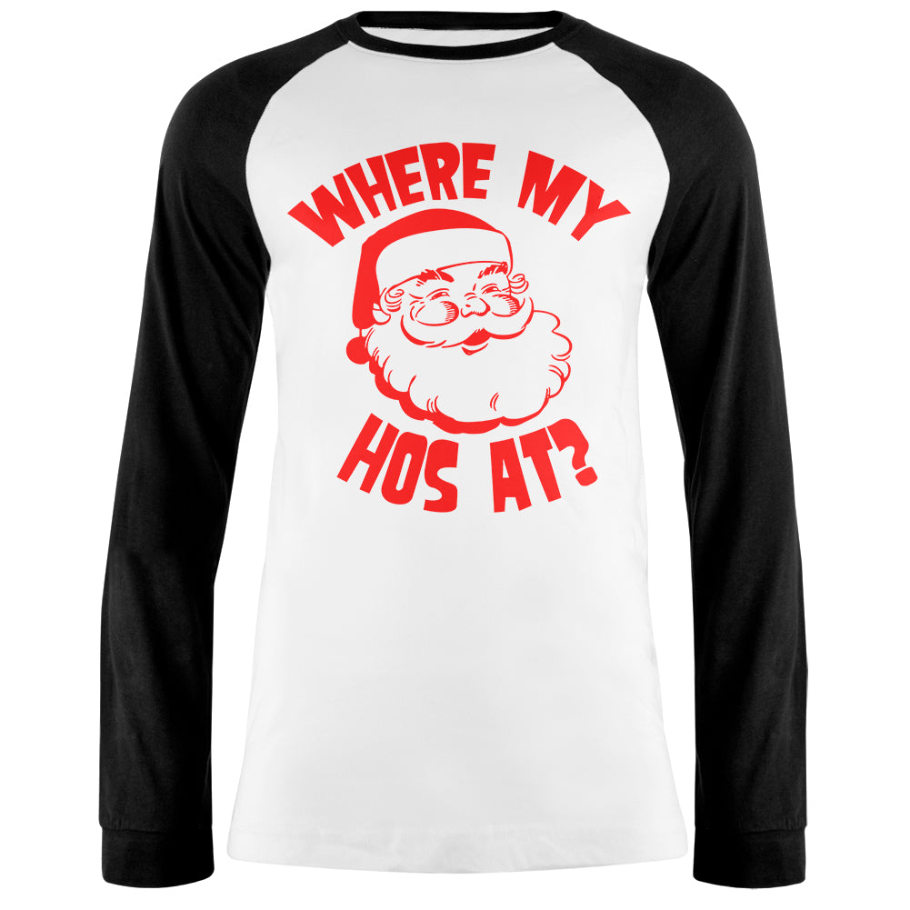 Christmas Where My Hos At? Mens Long Sleeve Raglan T Shirt Men's Long Sleeves Old Glory 2XL White-Black