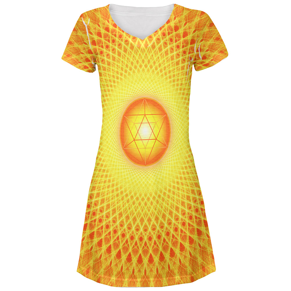 d20 Icosahedron Fire Mandala All Over Juniors Beach Cover-Up Dress Juniors Dresses Old Glory LG Multi