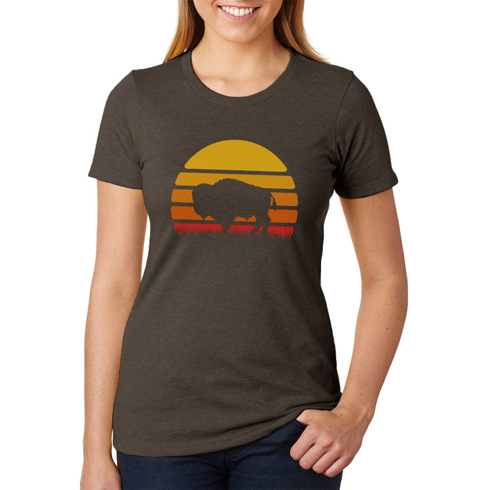 Retro 70s Sunset Buffalo Bison Juniors Soft Heather T Shirt Juniors T-Shirts Old Glory 2XL Brown