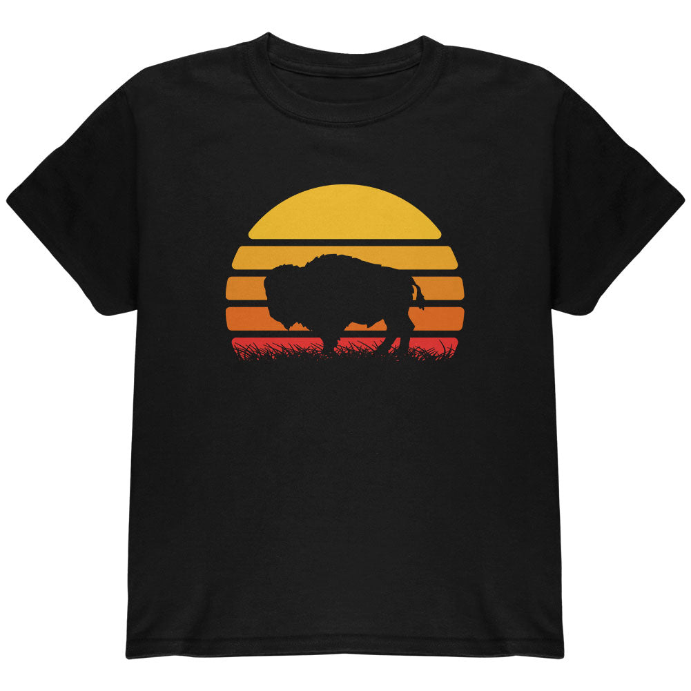 Retro 70s Sunset Buffalo Bison Youth T Shirt Youth T-Shirts Old Glory YLG Black