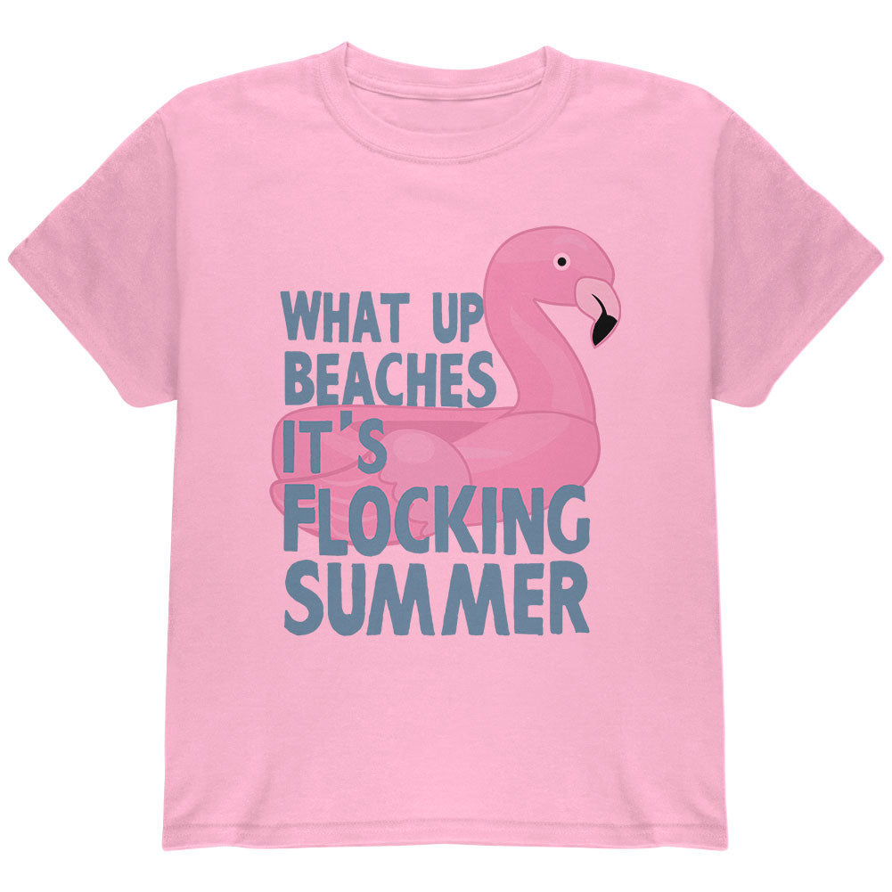 Flamingo What Up Beaches It's Flocking Summer Funny Pun Youth T Shirt Youth T-Shirts Old Glory YLG Blue