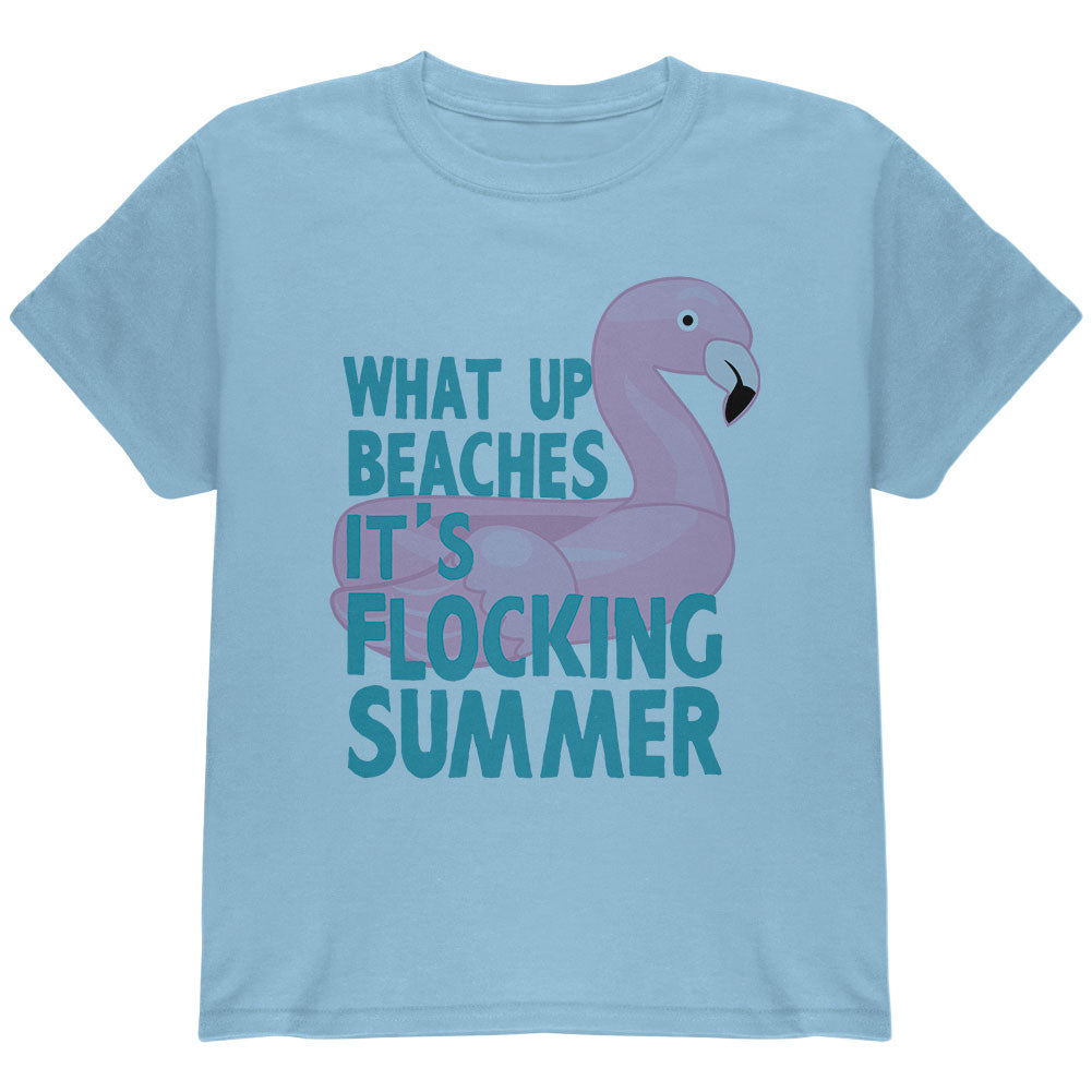 Flamingo What Up Beaches It's Flocking Summer Funny Pun Youth T Shirt Youth T-Shirts Old Glory YLG Pink
