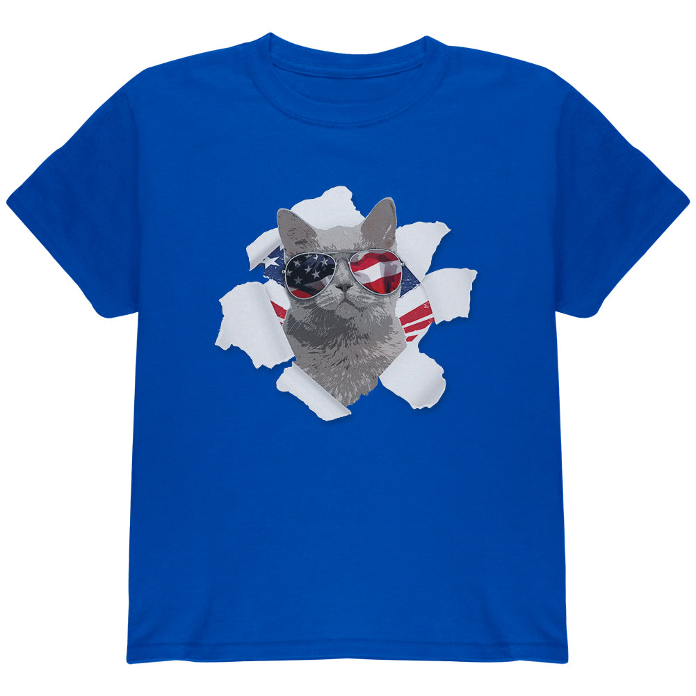 4th of July Meowica Americat Patriot Youth T Shirt Youth T-Shirts 4th of July YLG Blue