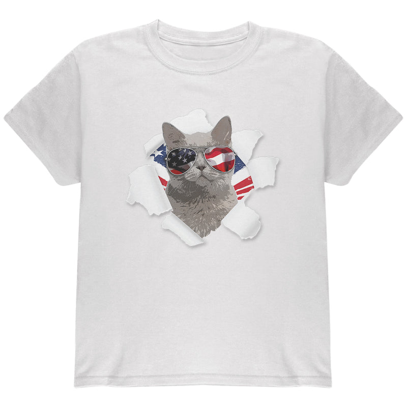 4th of July Meowica Americat Patriot Youth T Shirt Youth T-Shirts 4th of July YLG White