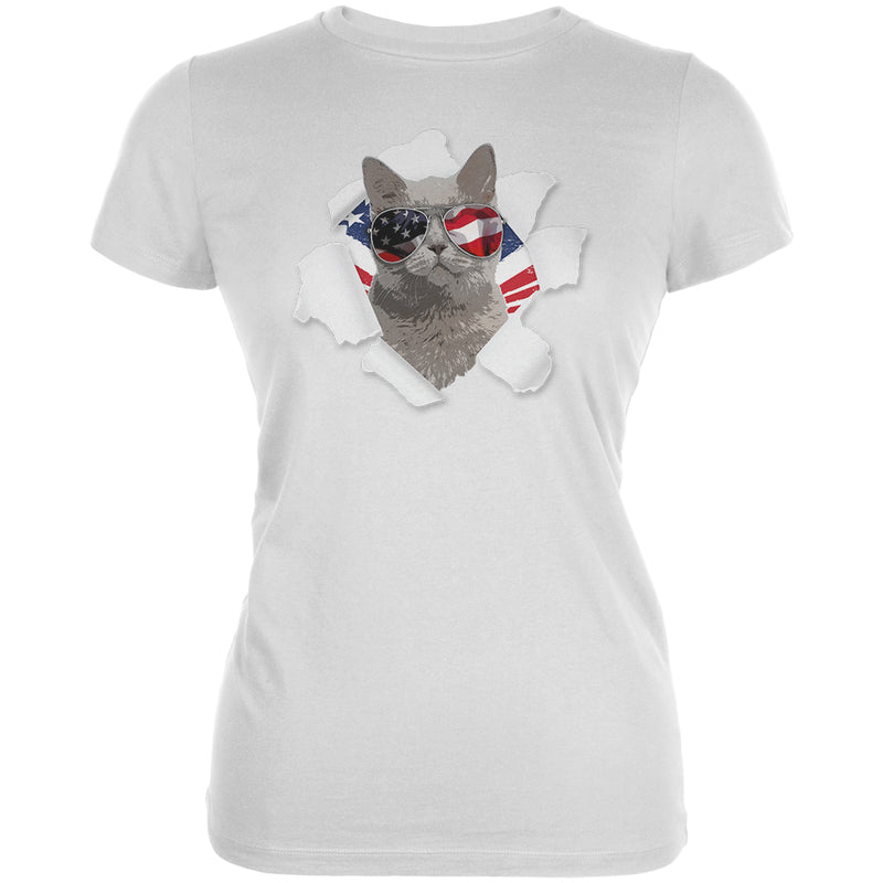 4th of July Meowica Americat Patriot Juniors Soft T Shirt Juniors T-Shirts 4th of July 2XL White