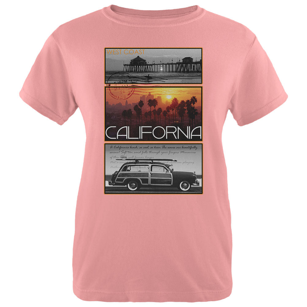 West Coast Postcard Pier Palm California Womens T Shirt Women's T-Shirts Old Glory LG Pink