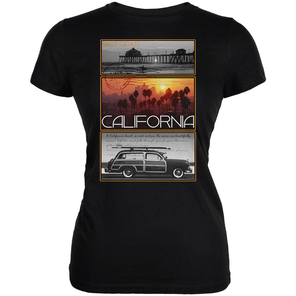 West Coast Postcard Pier Palm California Juniors Soft T Shirt Juniors T-Shirts Old Glory 2XL Black