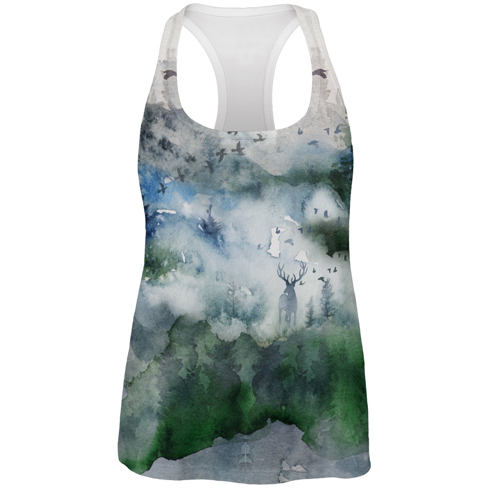 Watercolor Deer in the Mist All Over Womens Work Out Tank Top Women's Tank Tops Old Glory 2XL Multicolored