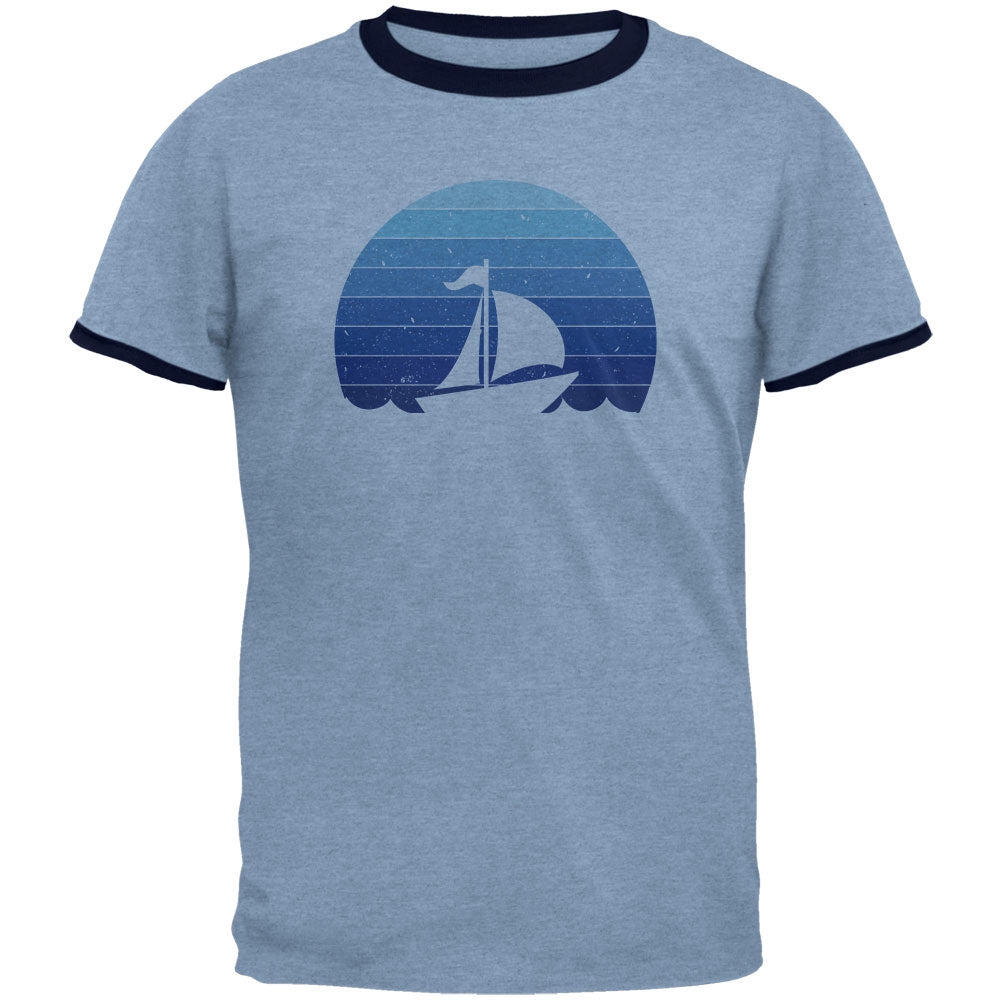Marina Ocean Sail Boat Silhouette Retro Sunset Blue Mens Ringer T Shirt Men's T-Shirts Old Glory 2XL Blue
