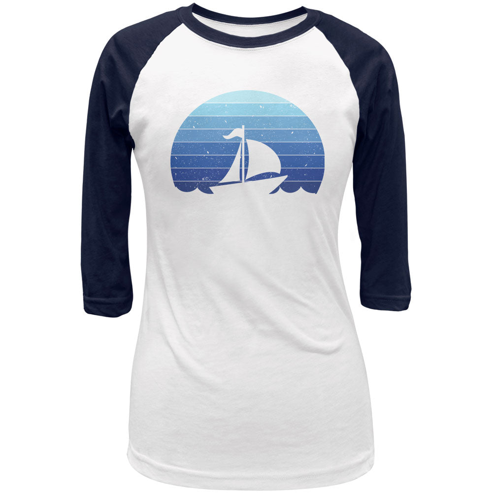 Marina Ocean Sail Boat Silhouette Retro Sunset Blue Juniors 3/4 Raglan T Shirt Juniors T-Shirts Old Glory 2XL White