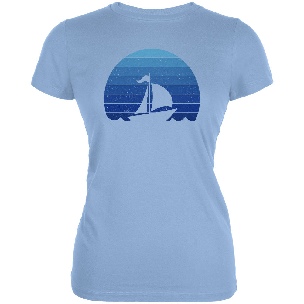 Marina Ocean Sail Boat Silhouette Retro Sunset Blue Juniors Soft T Shirt Juniors T-Shirts Old Glory 2XL Blue
