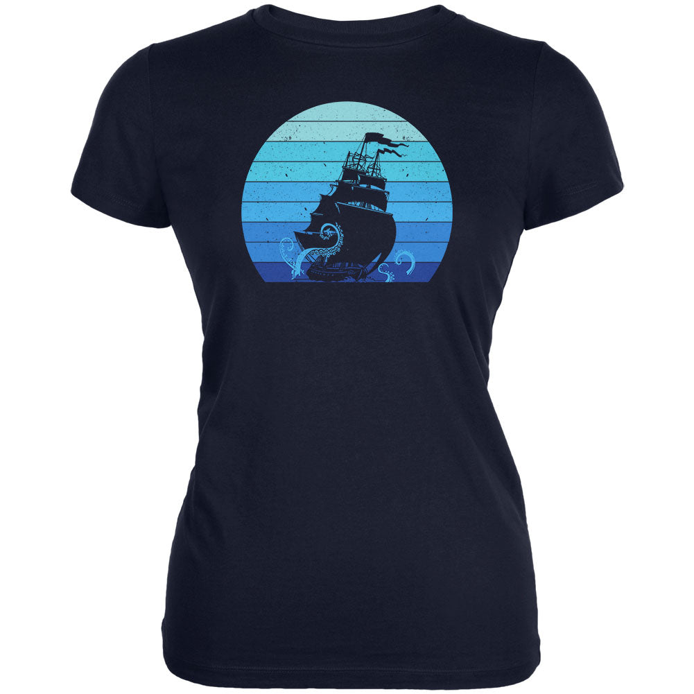 Marine Ocean Sail Boat Octopus Kraken Retro Sun Blue Juniors Soft T Shirt Juniors T-Shirts Old Glory 2XL Navy