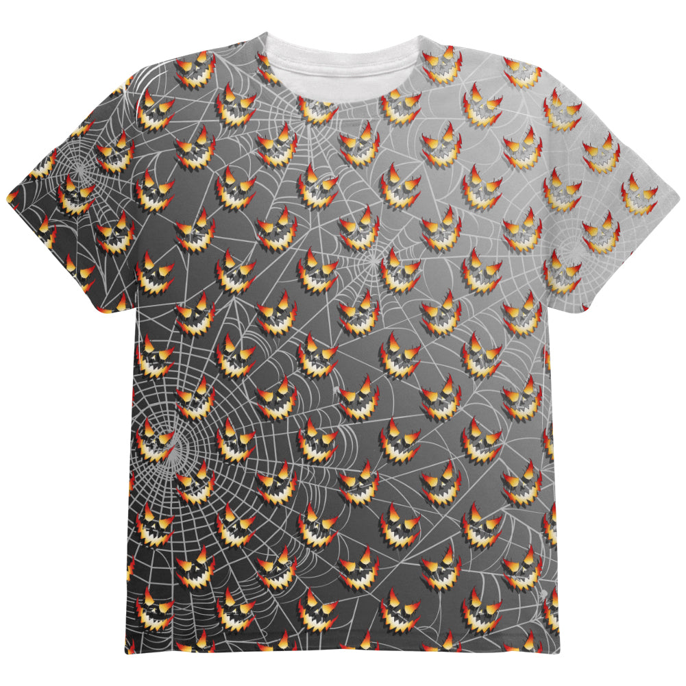 Halloween Spider Webs and Jack-O-Lanterns All Over Youth T Shirt Youth T-Shirts Old Glory YLG Multi