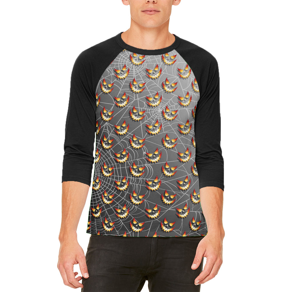 Halloween Spider Webs and Jack-O-Lanterns Mens Raglan T Shirt Men's T-Shirts Old Glory LG White