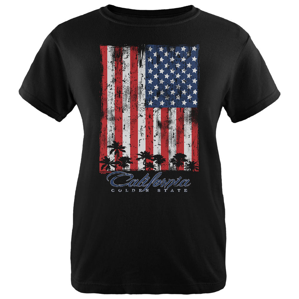 Flag Palm Trees California Golden State Womens T Shirt Women's T-Shirts Old Glory 2XL Black